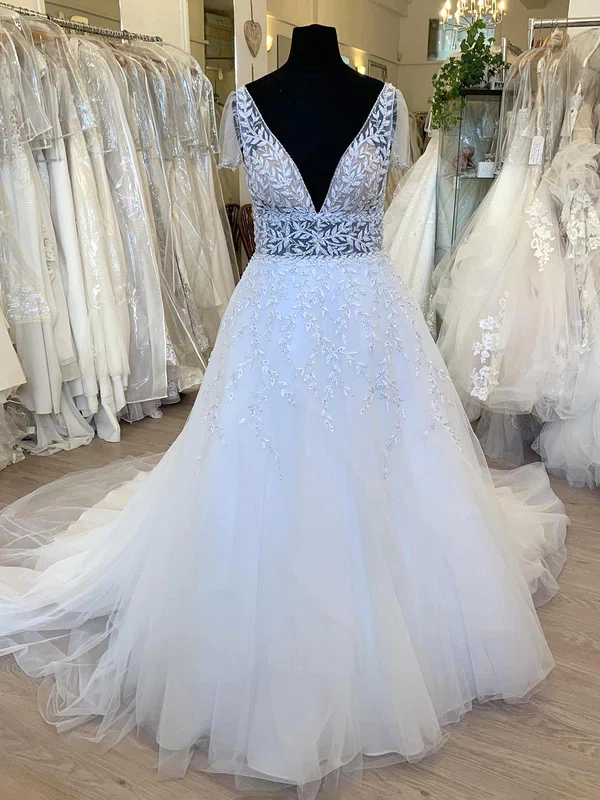 Ball Gown/Princess V-neck Tulle Sweep Train Wedding Dress With Beading #UKM00028736