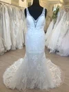 Trumpet/Mermaid V-neck Lace Tulle Sweep Train Wedding Dress With Appliques Lace #UKM00028737