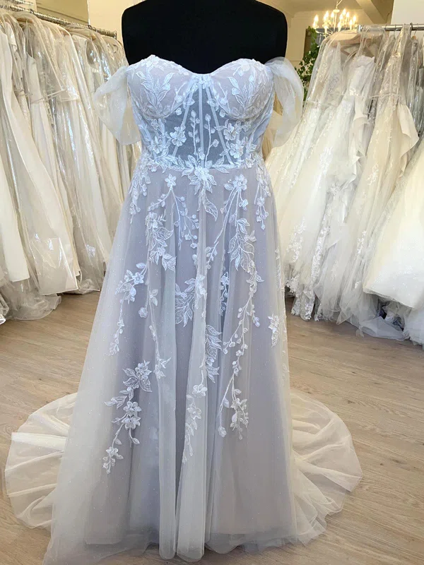 A-line Off-the-shoulder Glitter Tulle Sweep Train Wedding Dress With Appliques Lace #UKM00028738
