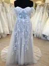 A-line Off-the-shoulder Glitter Tulle Sweep Train Wedding Dress With Appliques Lace #UKM00028738