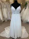 A-line V-neck Chiffon Sweep Train Wedding Dress With Appliques Lace #UKM00028739