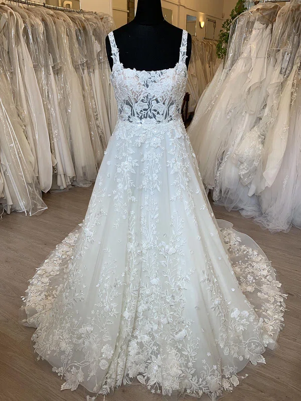 Ball Gown/Princess Square Neckline Organza Sweep Train Wedding Dress With Appliques Lace #UKM00028740