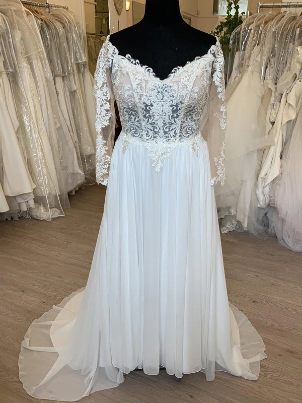 A-line V-neck Lace Chiffon Sweep Train Wedding Dress With Appliques Lace #UKM00028741