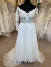 A-line V-neck Lace Chiffon Sweep Train Wedding Dress With Appliques Lace #UKM00028741