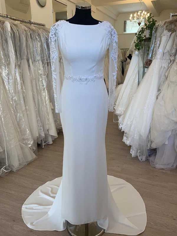Sheath/Column Scoop Neck Stretch Crepe Sweep Train Wedding Dress With Appliques Lace #UKM00028742