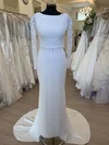 Sheath/Column Scoop Neck Stretch Crepe Sweep Train Wedding Dress With Appliques Lace #UKM00028742