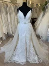 Trumpet/Mermaid V-neck Lace Tulle Court Train Wedding Dress With Beading #UKM00028743