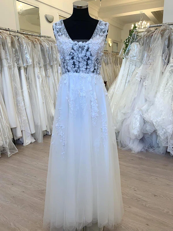 A-line V-neck Glitter Tulle Floor-length Wedding Dress With Appliques Lace #UKM00028745