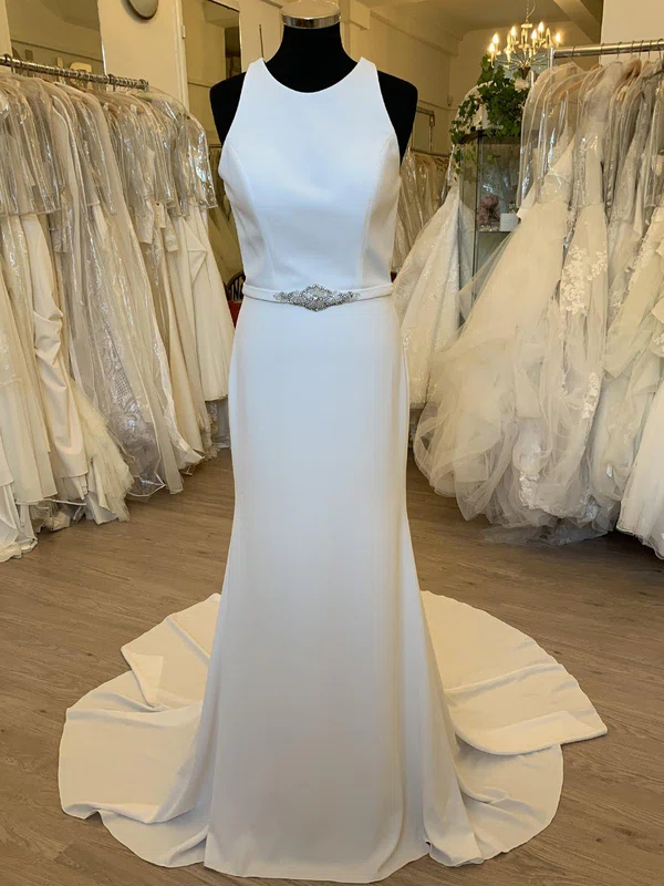 Sheath/Column Scoop Neck Stretch Crepe Sweep Train Wedding Dress With Beading #UKM00028746