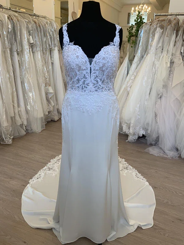 Sheath/Column Sweetheart Lace Satin Sweep Train Wedding Dress #UKM00028748