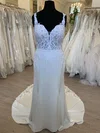 Sheath/Column Sweetheart Lace Satin Sweep Train Wedding Dress #UKM00028748