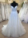 Ball Gown/Princess V-neck Glitter Tulle Sweep Train Wedding Dress With Appliques Lace #UKM00028749