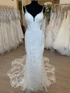 Sheath/Column V-neck Tulle Sweep Train Wedding Dress With Appliques Lace #UKM00028750