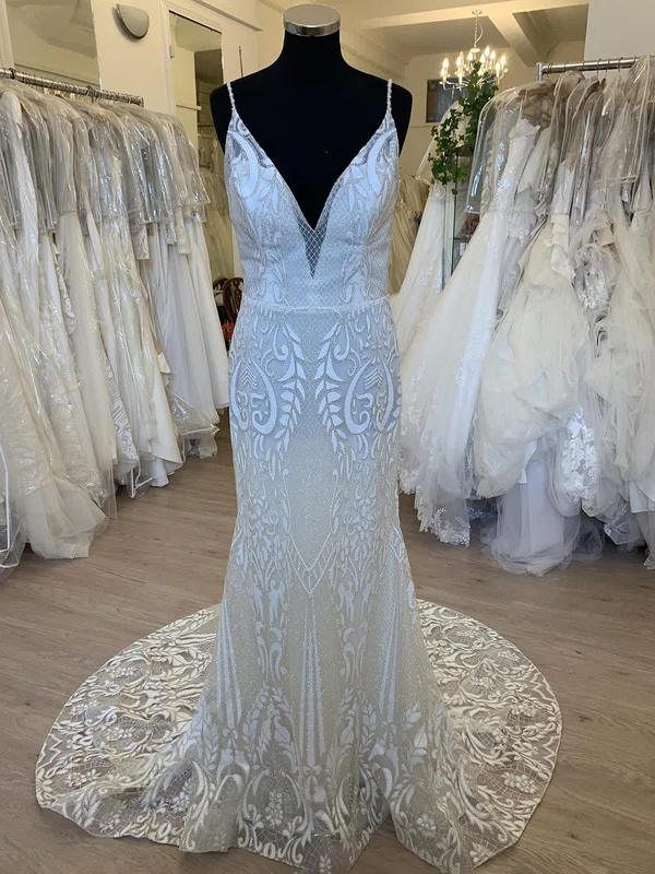 Sheath/Column V-neck Glitter Lace Sweep Train Wedding Dress #UKM00028751