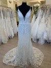 Sheath/Column V-neck Glitter Lace Sweep Train Wedding Dress #UKM00028751