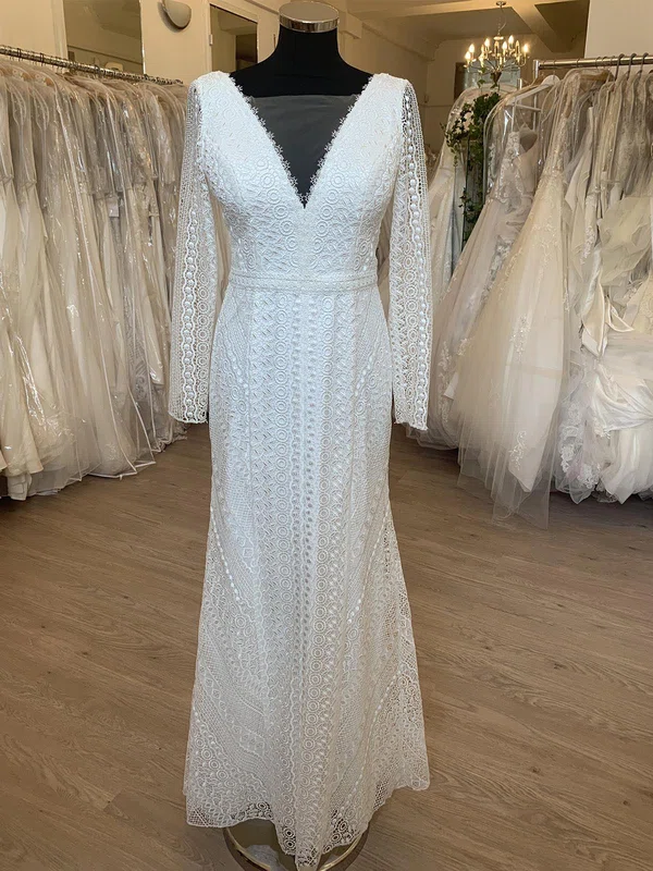 Sheath/Column Illusion Lace Floor-length Wedding Dress #UKM00028753