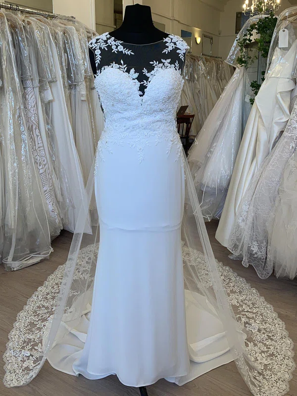 Sheath/Column Illusion Tulle Chiffon Court Train Wedding Dress With Appliques Lace #UKM00028754