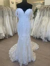 Trumpet/Mermaid Off-the-shoulder Lace Sweep Train Wedding Dress With Appliques Lace #UKM00028755