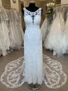 Sheath/Column Illusion Lace Court Train Wedding Dress With Appliques Lace #UKM00028756