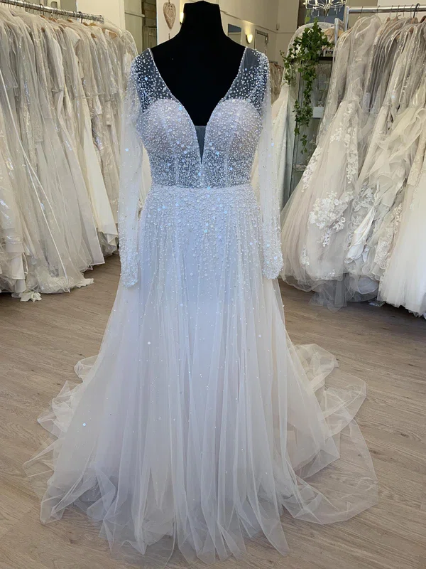A-line V-neck Glitter Tulle Sweep Train Wedding Dress With Pearl Detailing #UKM00028759