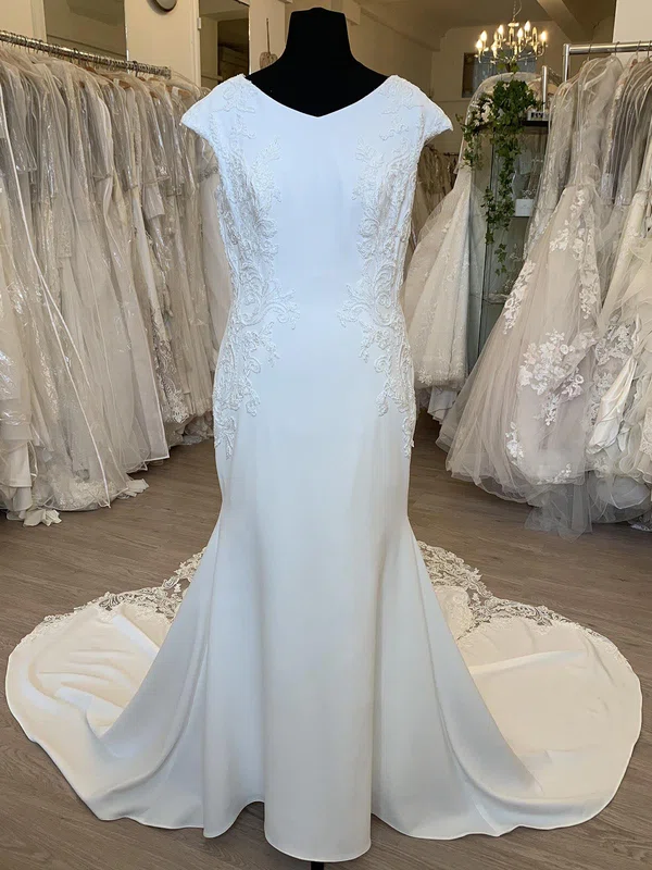 Trumpet/Mermaid V-neck Satin Sweep Train Wedding Dress With Appliques Lace #UKM00028762