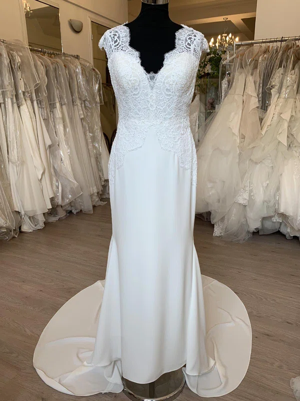 Sheath/Column V-neck Lace Satin Chiffon Sweep Train Wedding Dress #UKM00028764