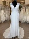 Sheath/Column V-neck Lace Satin Chiffon Sweep Train Wedding Dress #UKM00028764