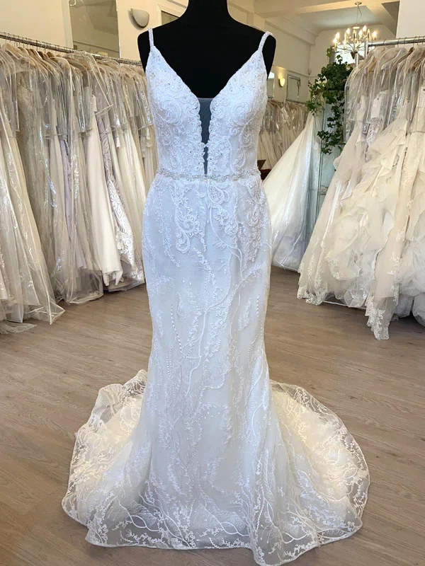 Sheath/Column V-neck Lace Sweep Train Wedding Dress With Pearl Detailing #UKM00028765