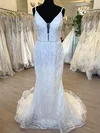Sheath/Column V-neck Lace Sweep Train Wedding Dress With Pearl Detailing #UKM00028765