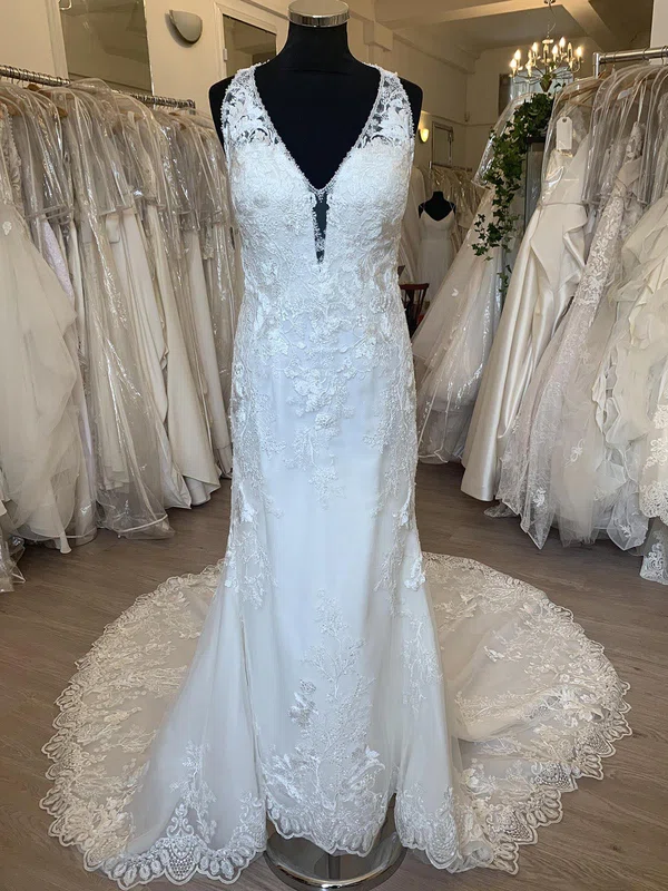 Sheath/Column V-neck Lace Tulle Court Train Wedding Dress With Pearl Detailing #UKM00028766