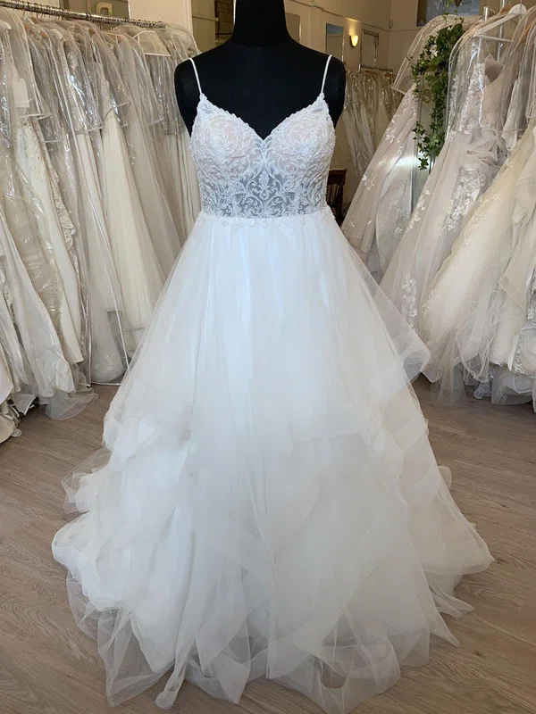 Ball Gown/Princess V-neck Tulle Sweep Train Wedding Dress With Ruffles #UKM00028767