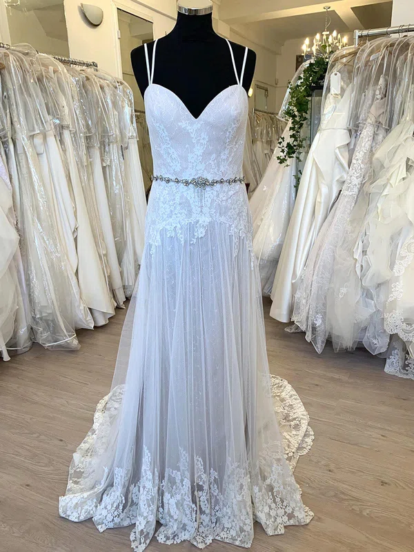Sheath/Column Sweetheart Tulle Lace Sweep Train Wedding Dress With Beading #UKM00028768