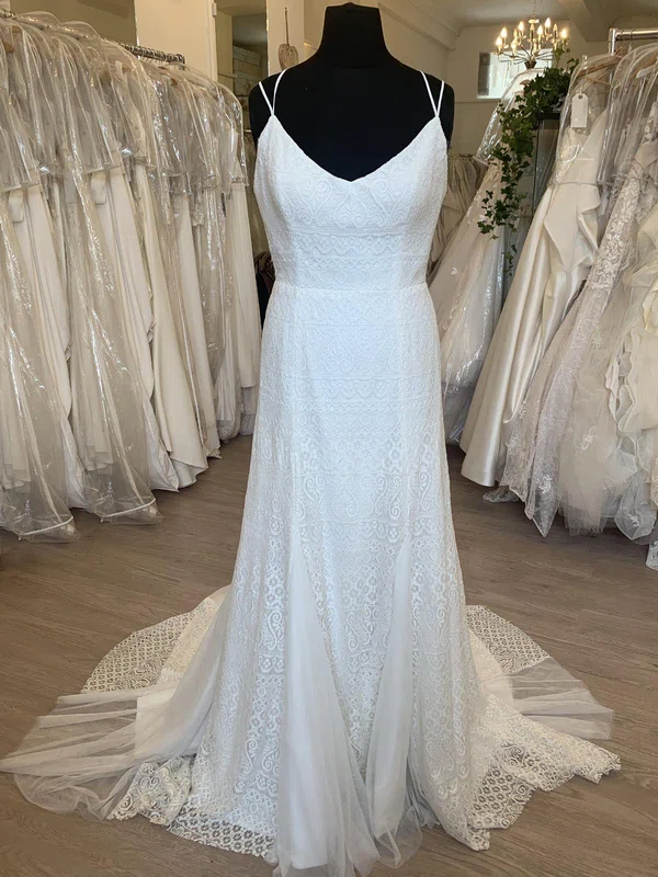 Sheath/Column V-neck Lace Sweep Train Wedding Dress #UKM00028769