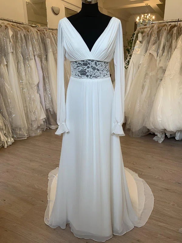 A-line V-neck Lace Chiffon Sweep Train Wedding Dress With Ruched #UKM00028770