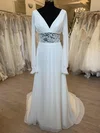 A-line V-neck Lace Chiffon Sweep Train Wedding Dress With Ruched #UKM00028770