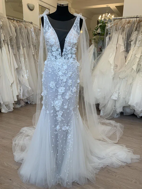Trumpet/Mermaid Illusion Tulle Sweep Train Wedding Dress With Appliques Lace #UKM00028772