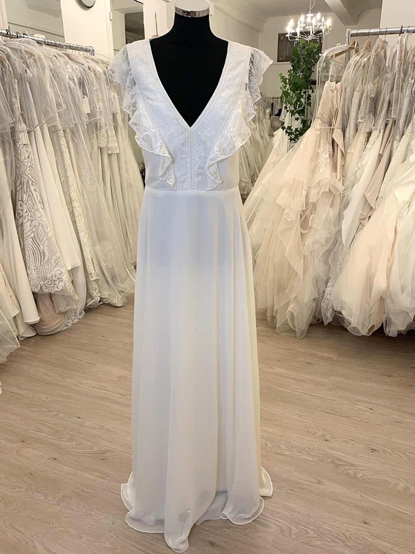 A-line V-neck Chiffon Floor-length Wedding Dress With Ruffles #UKM00028775