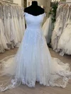 A-line Off-the-shoulder Tulle Sweep Train Wedding Dress With Appliques Lace #UKM00028776