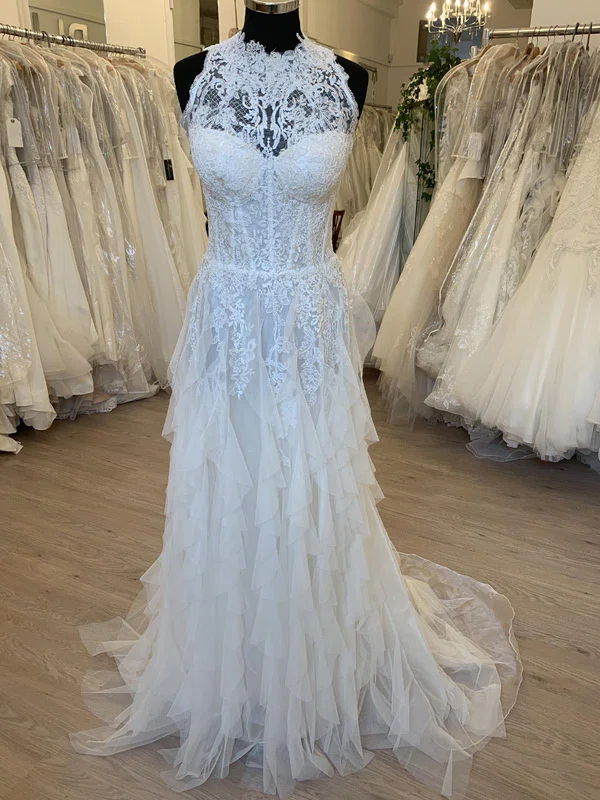A-line High Neck Tulle Sweep Train Wedding Dress With Ruffles #UKM00028777