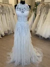 A-line High Neck Tulle Sweep Train Wedding Dress With Ruffles #UKM00028777