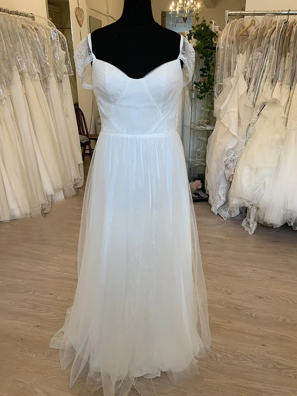 A-line Sweetheart Lace Tulle Sweep Train Wedding Dress With Ruched #UKM00028778