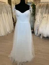 A-line Sweetheart Lace Tulle Sweep Train Wedding Dress With Ruched #UKM00028778