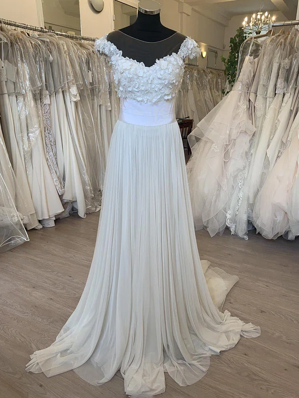A-line Illusion Tulle Sweep Train Wedding Dress With Ruched #UKM00028779