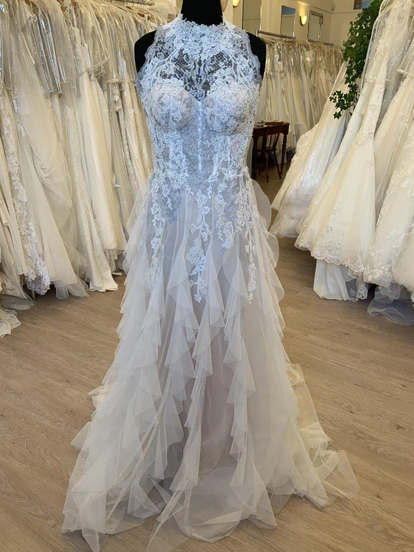 Ball Gown/Princess High Neck Tulle Sweep Train Wedding Dress With Cascading Ruffles #UKM00028780
