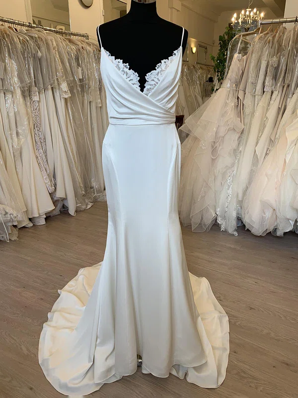 Sheath/Column V-neck Satin Sweep Train Wedding Dress With Ruched #UKM00028781