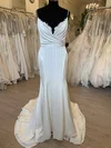 Sheath/Column V-neck Satin Sweep Train Wedding Dress With Ruched #UKM00028781