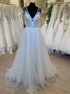 Ball Gown/Princess V-neck Organza Sweep Train Wedding Dress With Appliques Lace #UKM00028782