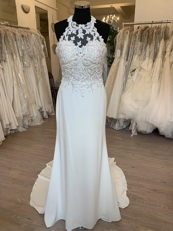 Sheath/Column High Neck Satin Chiffon Sweep Train Wedding Dress With Appliques Lace #UKM00028783