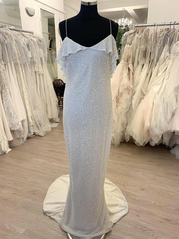 Sheath/Column V-neck Glitter Sweep Train Wedding Dress With Ruffles #UKM00028786