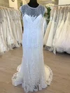 Sheath/Column Illusion Lace Tulle Sweep Train Wedding Dress With Pearl Detailing #UKM00028787